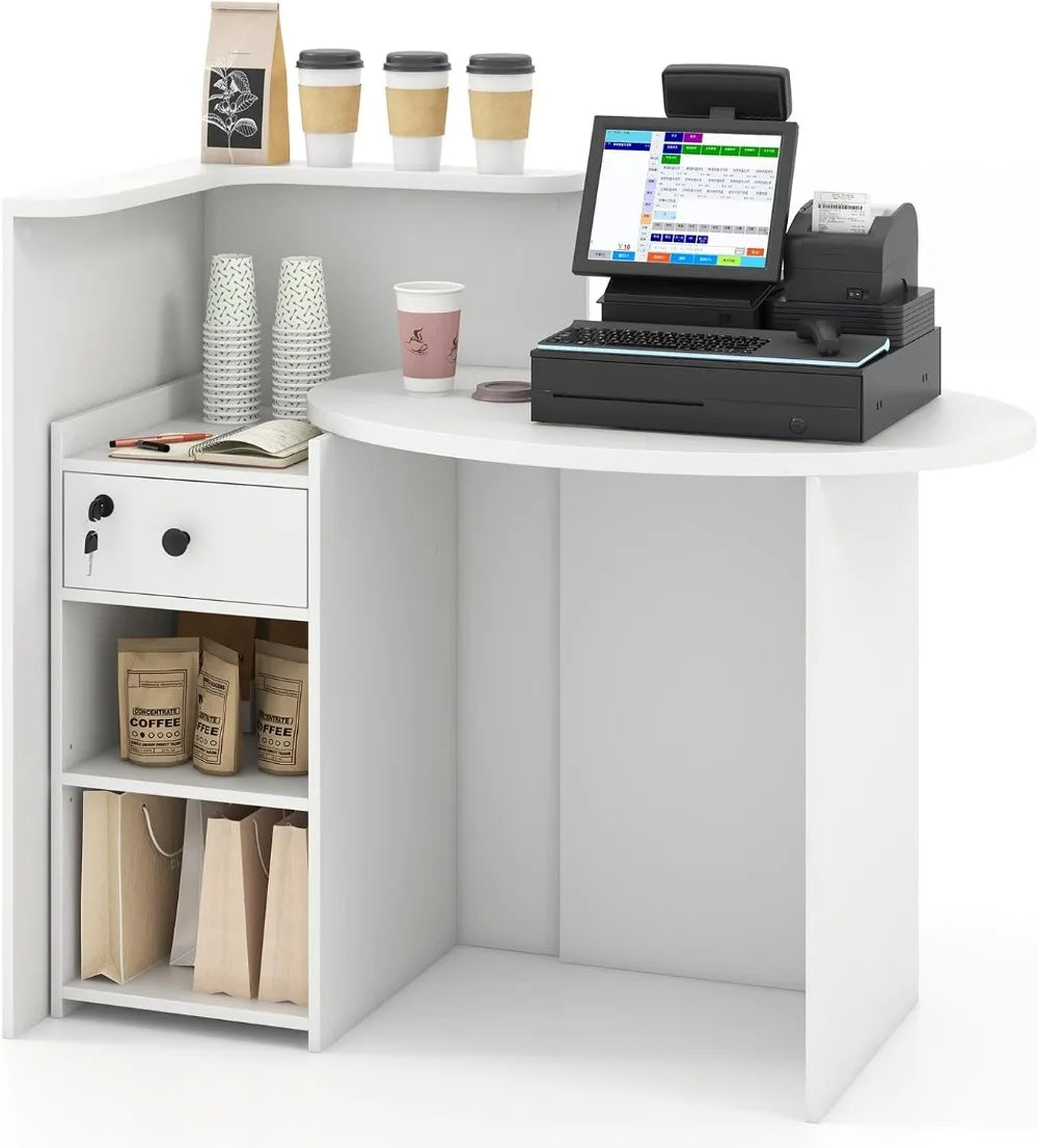 Front Counter Desk with Lockable Drawer Adjustable Shelf for Office Beauty