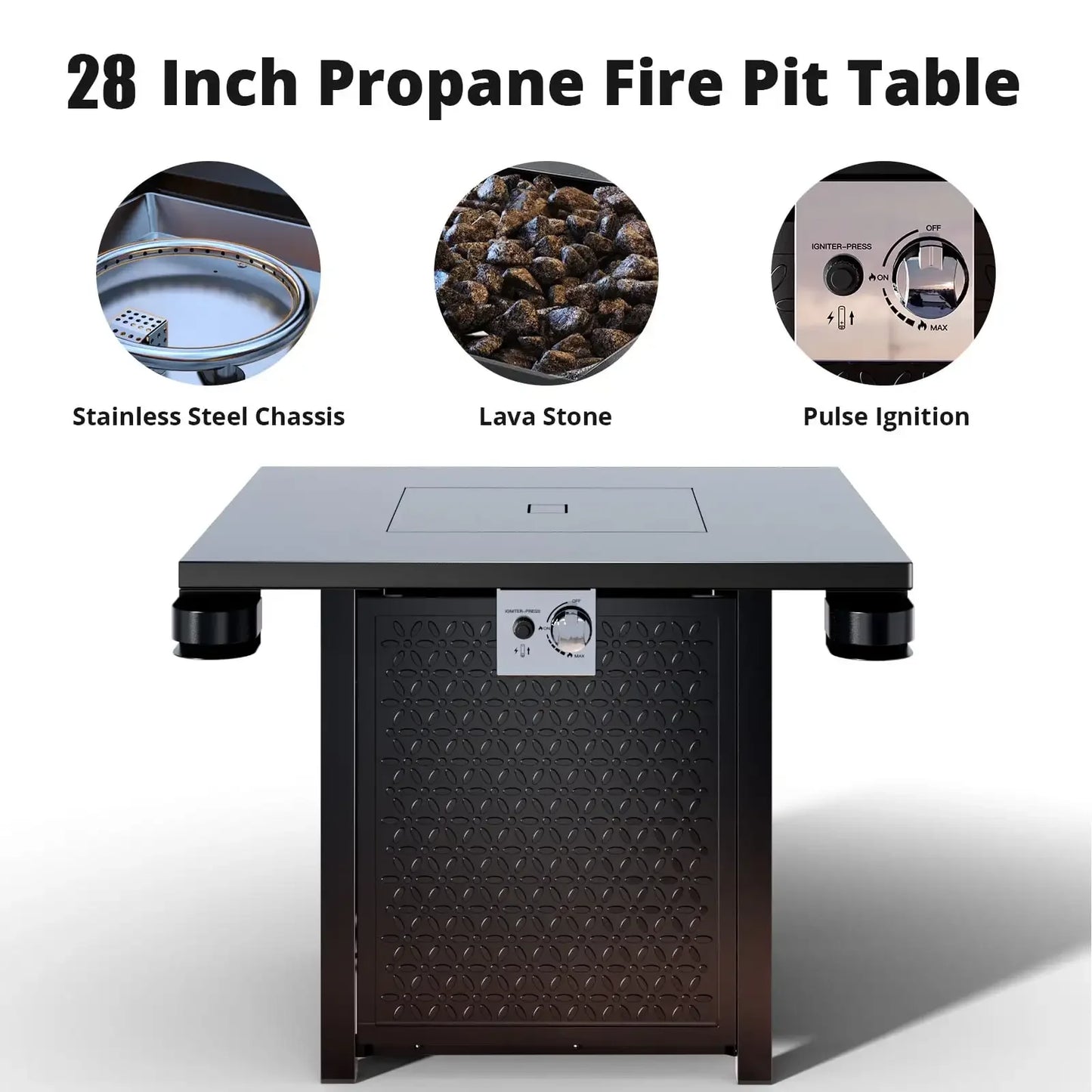 28 Inch Propane Fire Pit Table with Lid Lava Rock 50000 BTU Outdoor