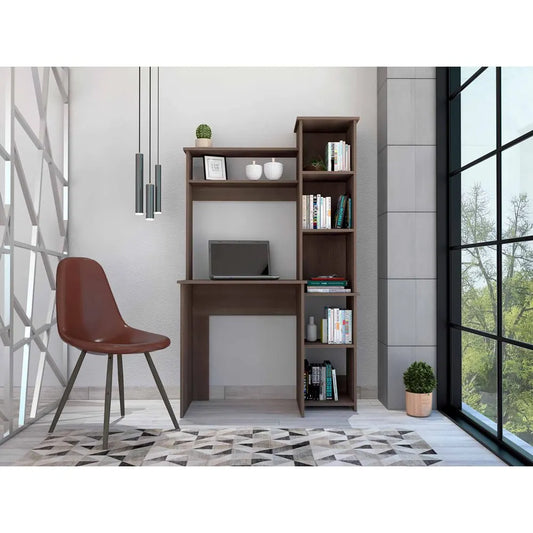 Smokey Oak Writing Desk with Built-in Bookcase and 6 Shelves