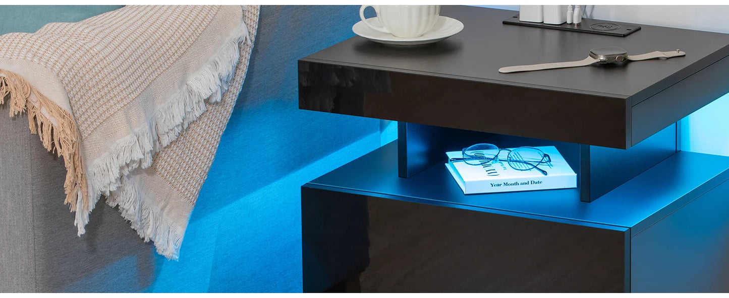 Nightstand with Wireless Charging USB Ports Modern Bedside Table Storage