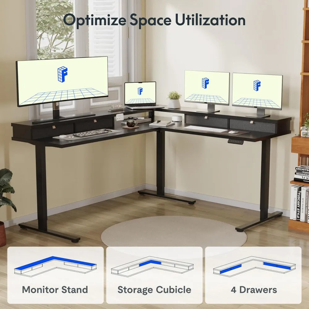 Large L Shaped Electric Standing Desk with Storage Drawers and Shelf