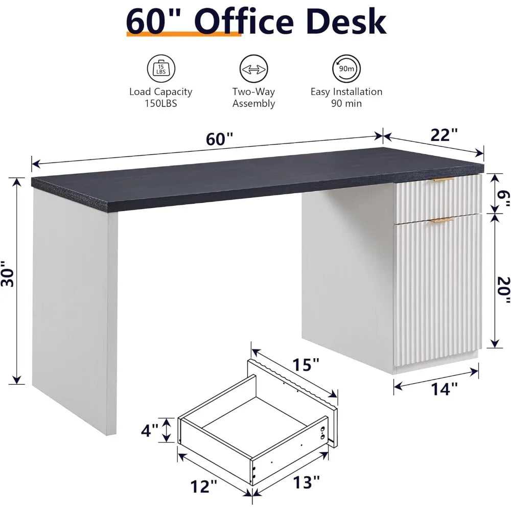 60 Inch Modern Executive Desk with Storage for Home Office Workstation