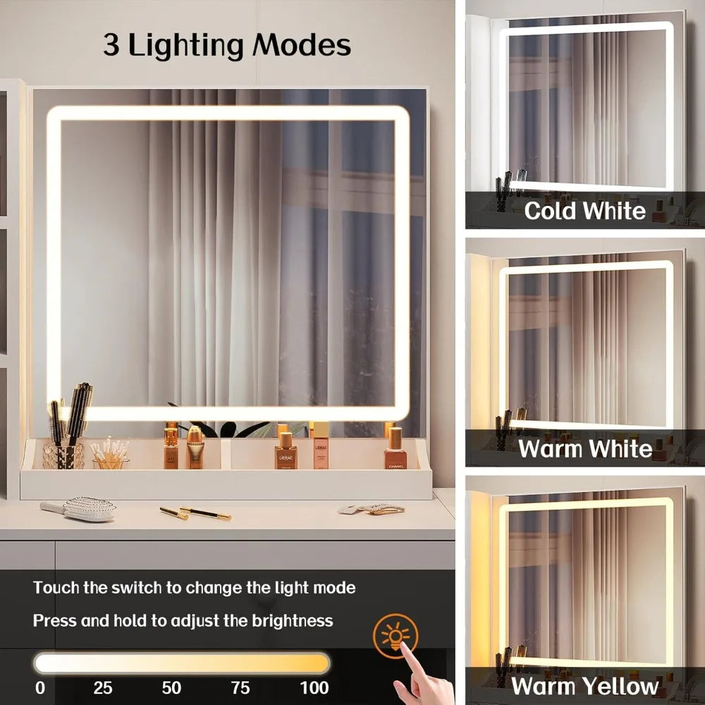 Makeup Vanity Desk with Mirror LED Lights Charging Station White