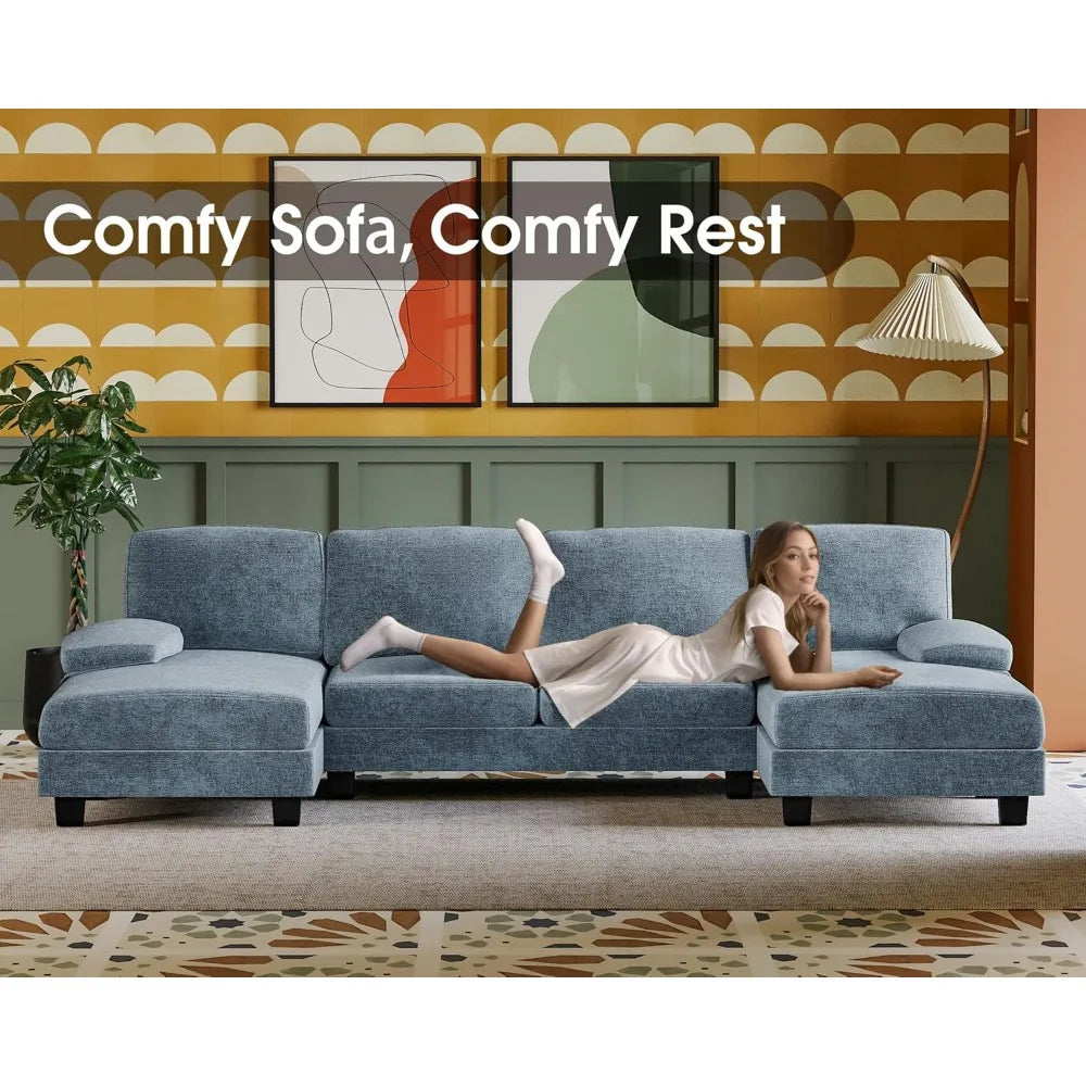 U-Shaped 4-Seat Sectional Sofa Double Chaise Linen Couch Modern Living Rooms