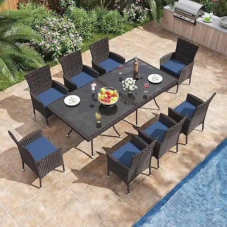 10 Piece All-Weather Wicker Patio Dining Set with Cushions and Table
