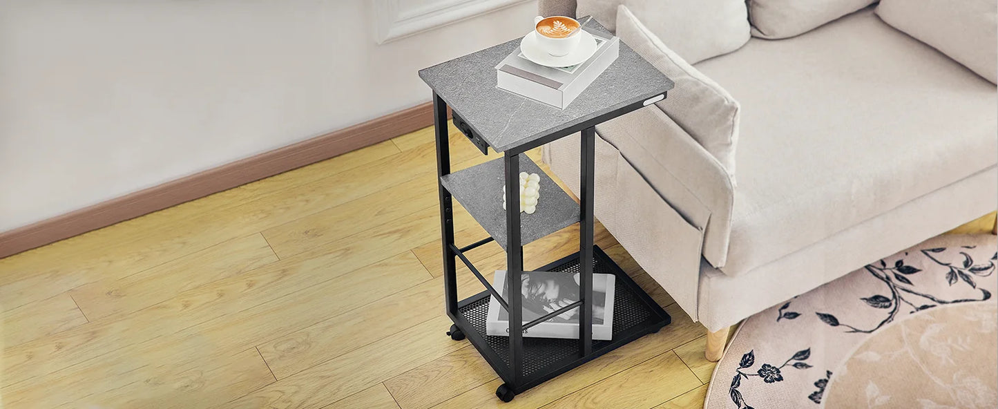 C Shaped End Table with Charging Station Rolling Wheels Small Space