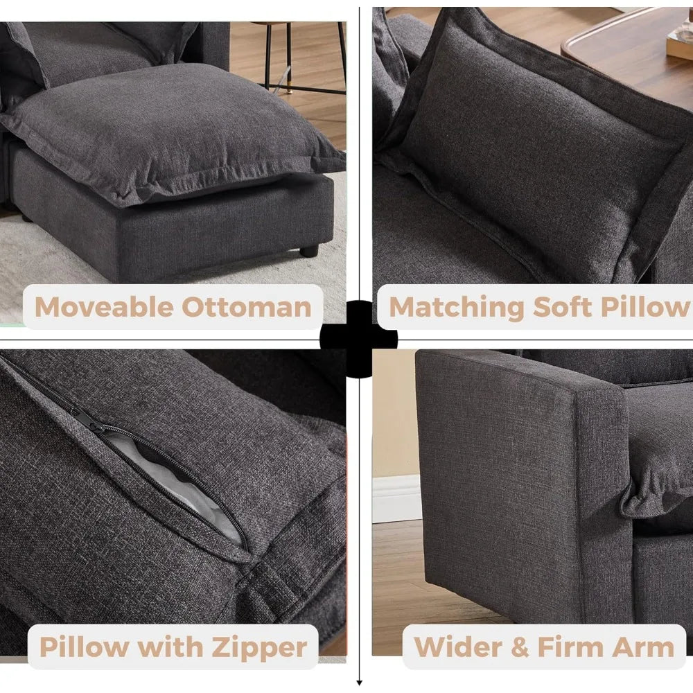 Ljustra 126" Modular Sectional Sofa with Moveable Ottoman Deep Seat Linen Couch
