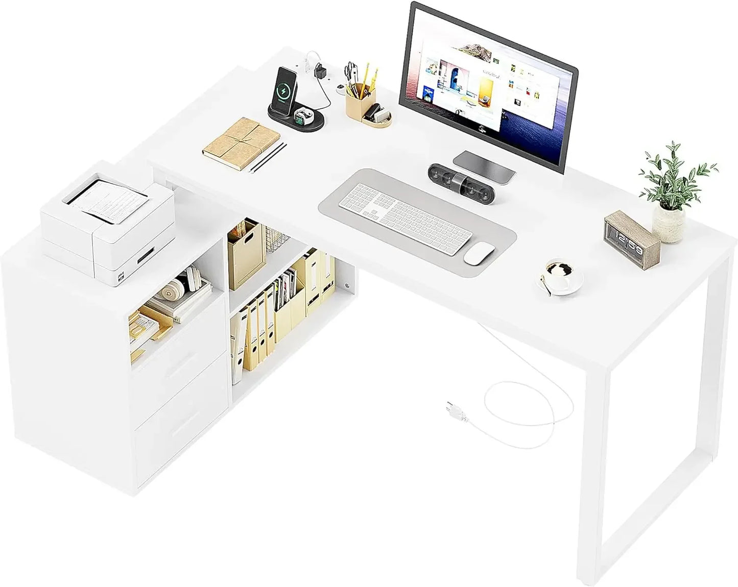 L Shaped Desk with Storage Drawers and Power Outlets 55 Inch