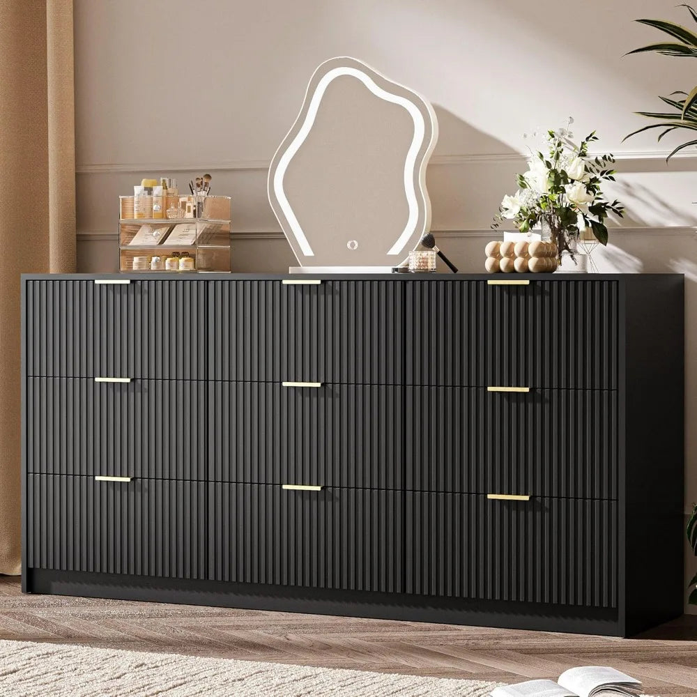 Black Dresser 9 Drawer Modern Chest of Drawers for Bedroom Living Room