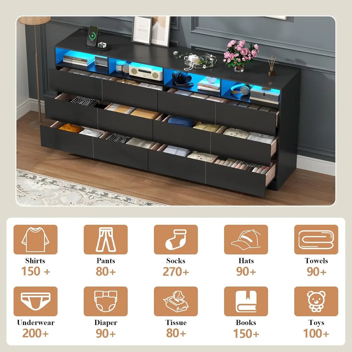 12 Drawer Wide Dresser with Charging Station and LED Lights for Bedroom