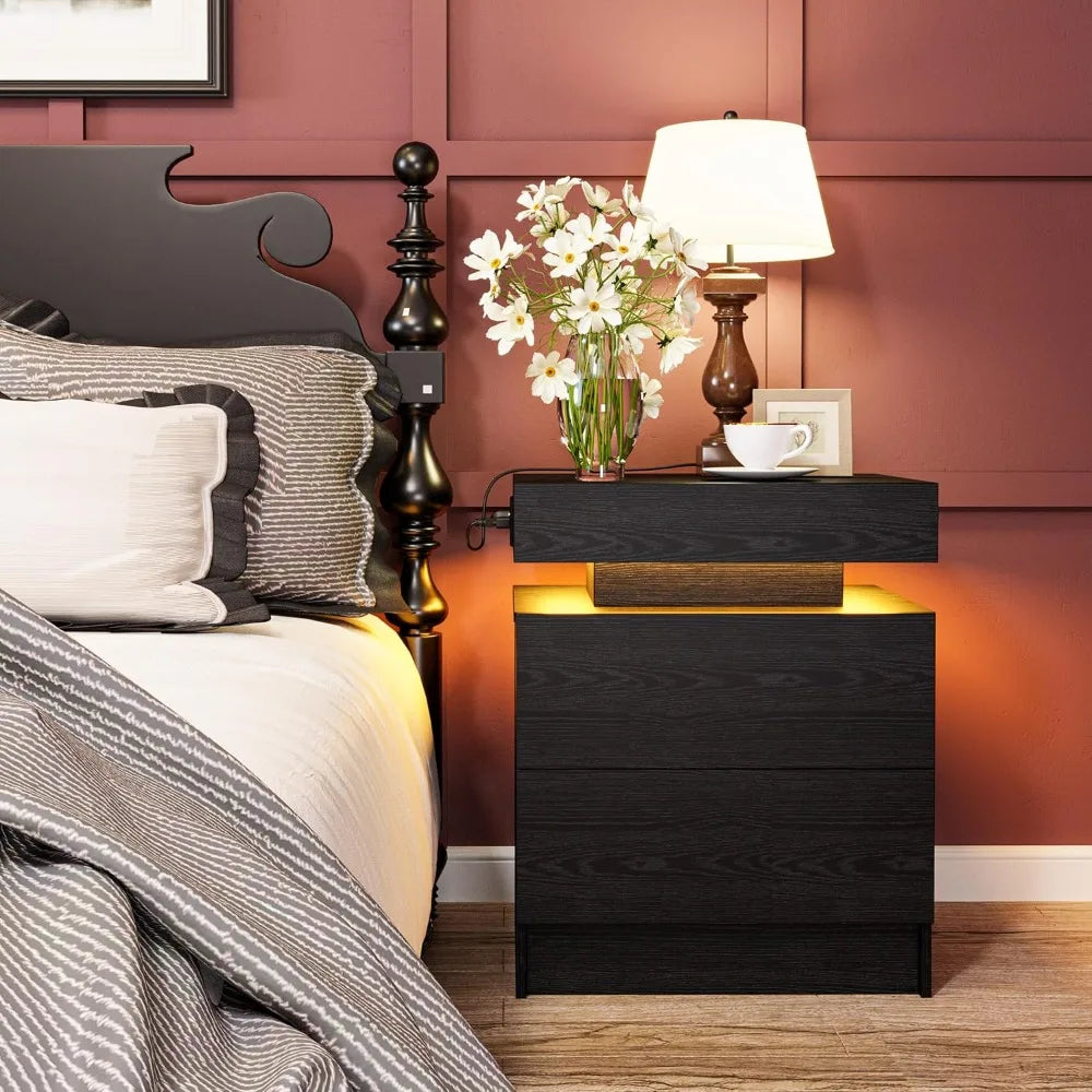 Modern Bedside Table with Charging Station LED Lights and Drawers