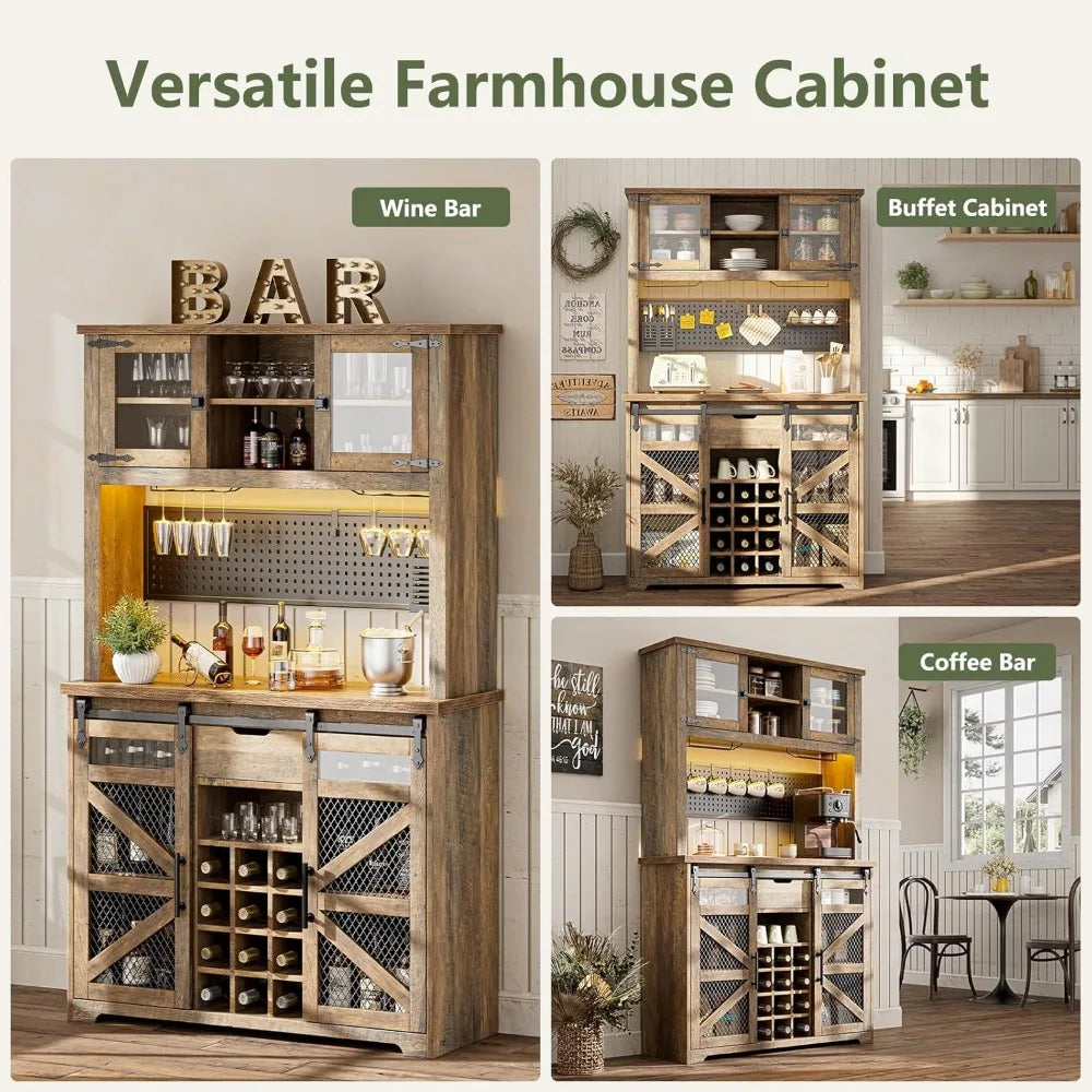 Kitchen Buffet Cabinet Coffee Bar with Power Outlet LED Light Storage