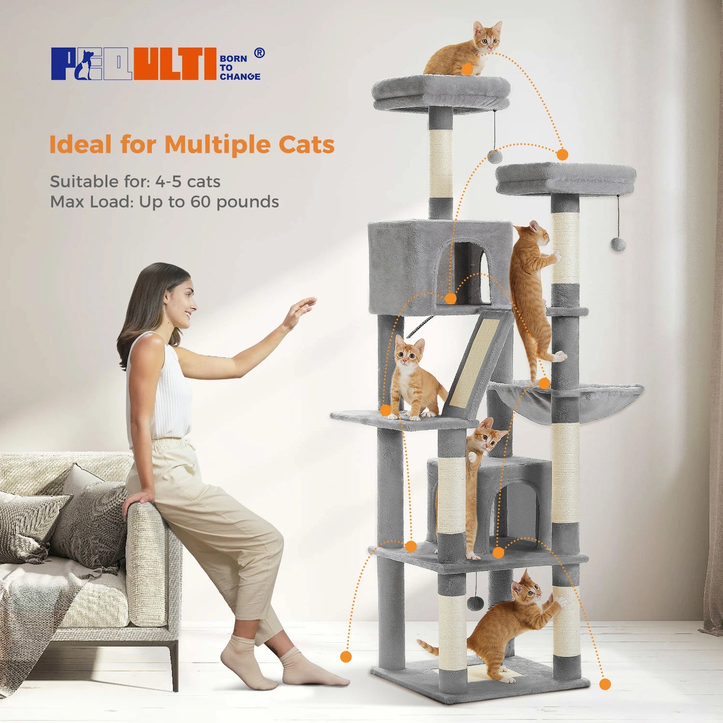 Multi-Level Cat Tree Indoor Tower with Scratching Posts Hammock Condo