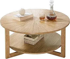 Wood Round Coffee Table 2 Tier Rustic Natural Living Room Storage