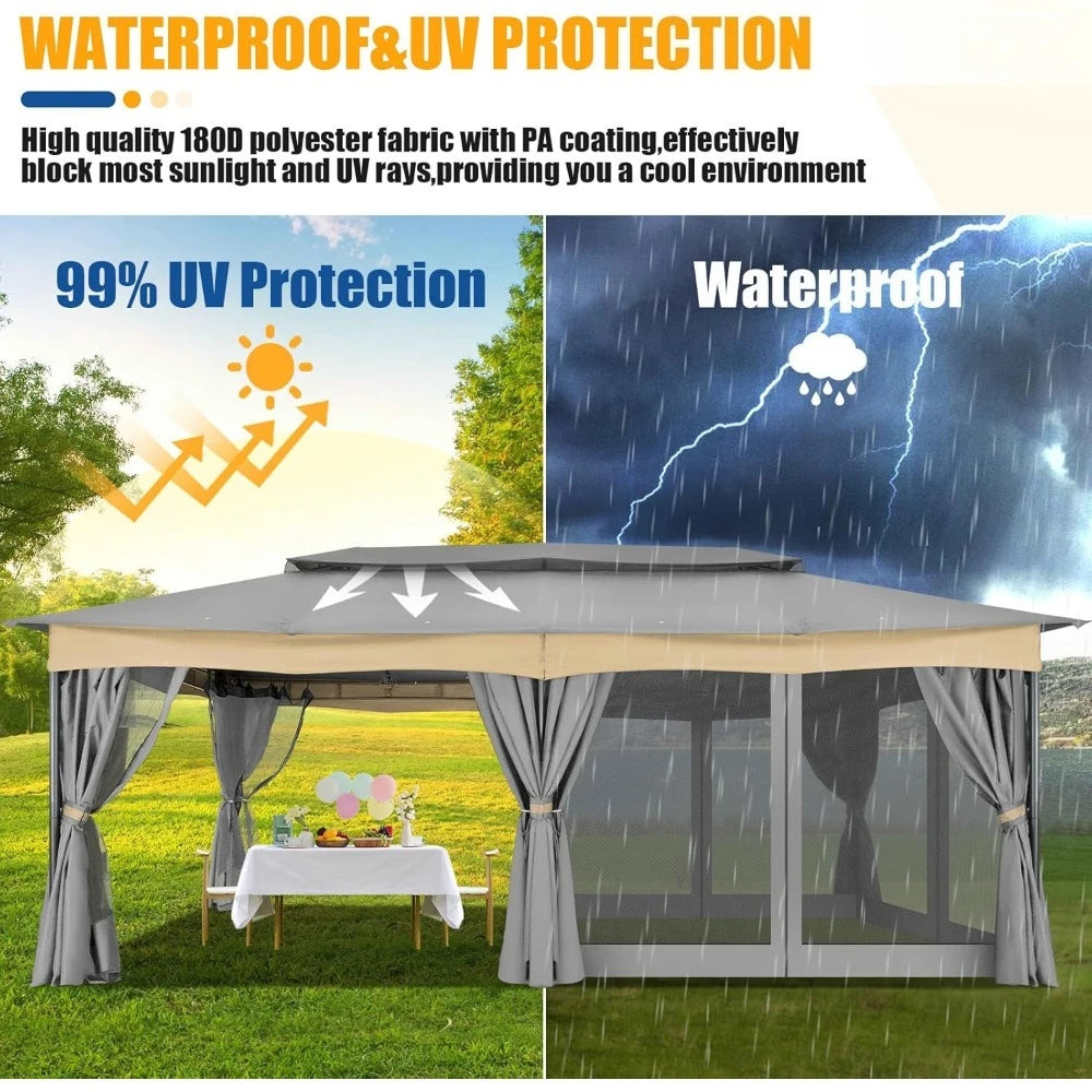 12x20 Outdoor Gazebo with Privacy Curtains Mosquito Netting Metal Frame