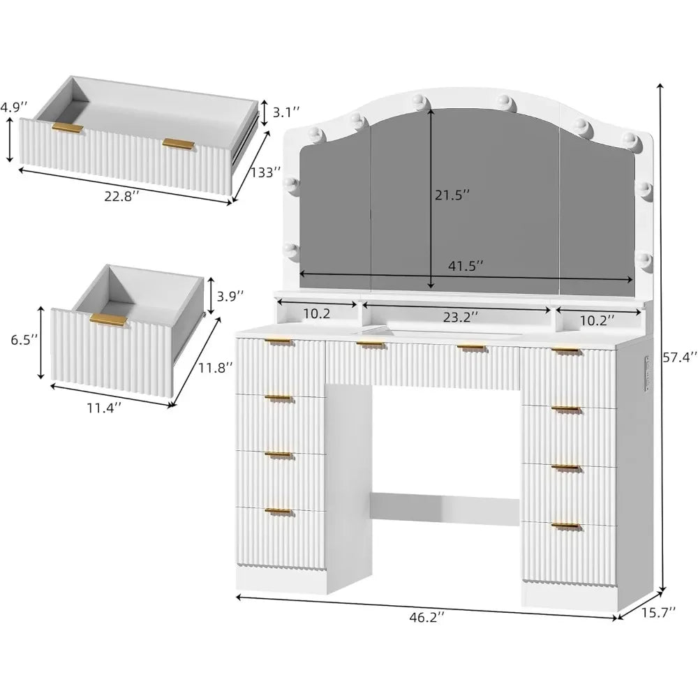 46 Inch Vanity Desk with Large Mirror Lights and 9 Drawers