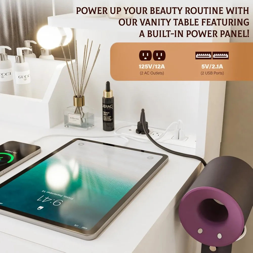 Vanity Desk with LED Mirror and Lights Makeup Table with Storage Cabinets