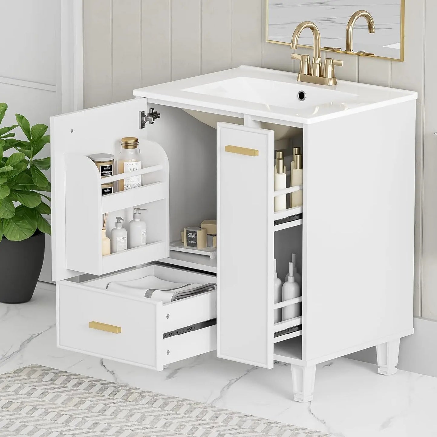 24 Inch Bathroom Vanity with Ceramic Sink Modern Storage Rack