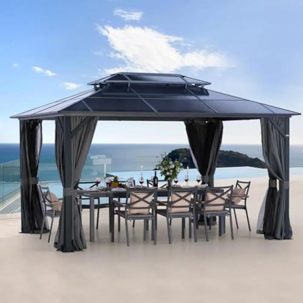 Ljustra 10X13FT Outdoor Gazebo Hardtop Canopy with Netting & Curtains