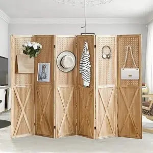 6 Panel Room Divider Wood Folding Privacy Screen with Shelves