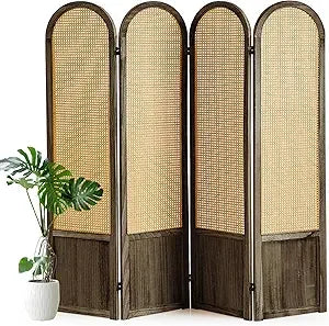 Hand-Woven Rattan Room Divider Folding Privacy Screen 5.6 Ft 4 Panels