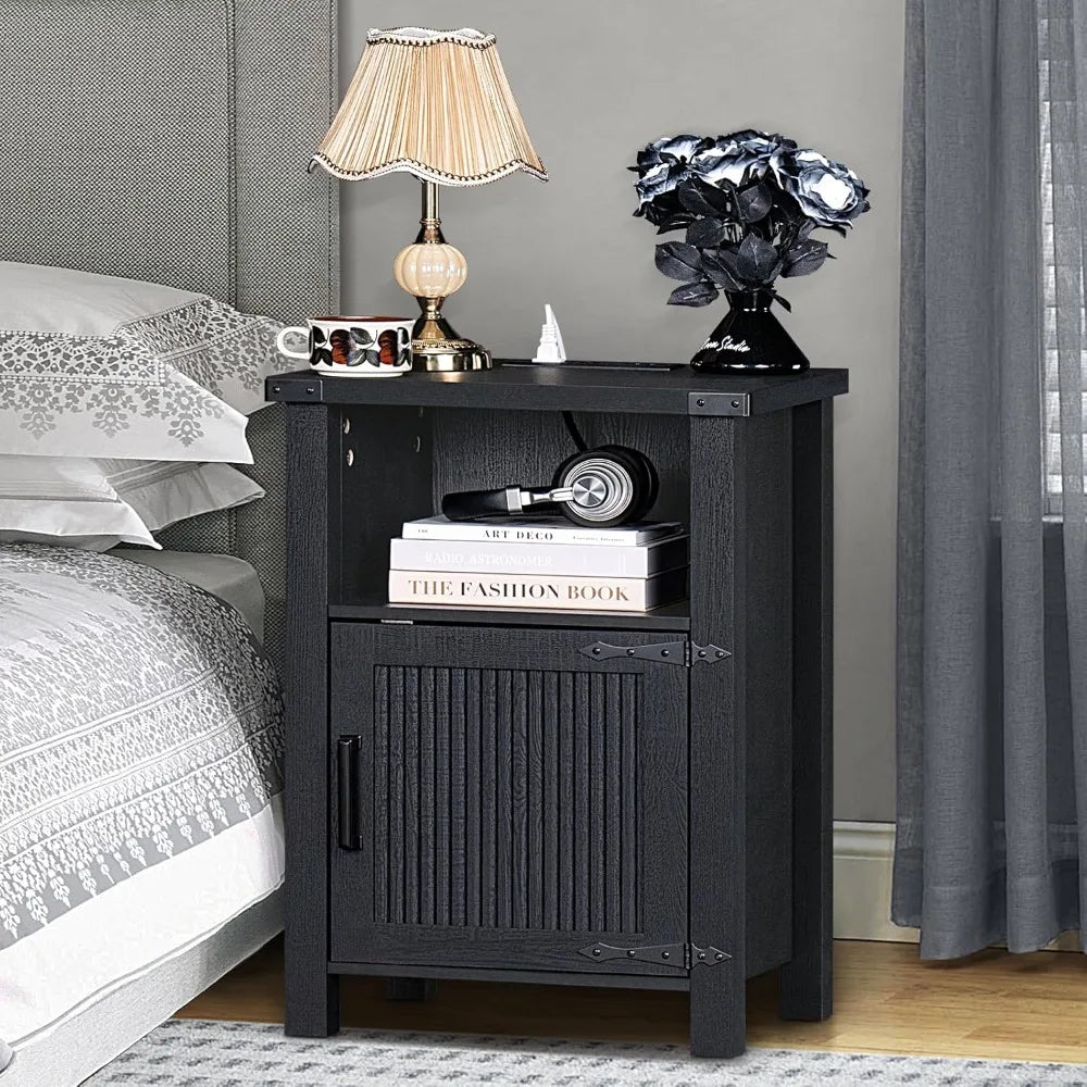18 Inch Farmhouse Nightstand with Charging Station USB Ports Rustic Table