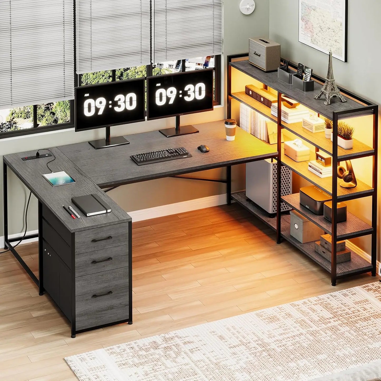 Reversible U Shaped Computer Desk with 3 Drawers Power Outlet LED Lights