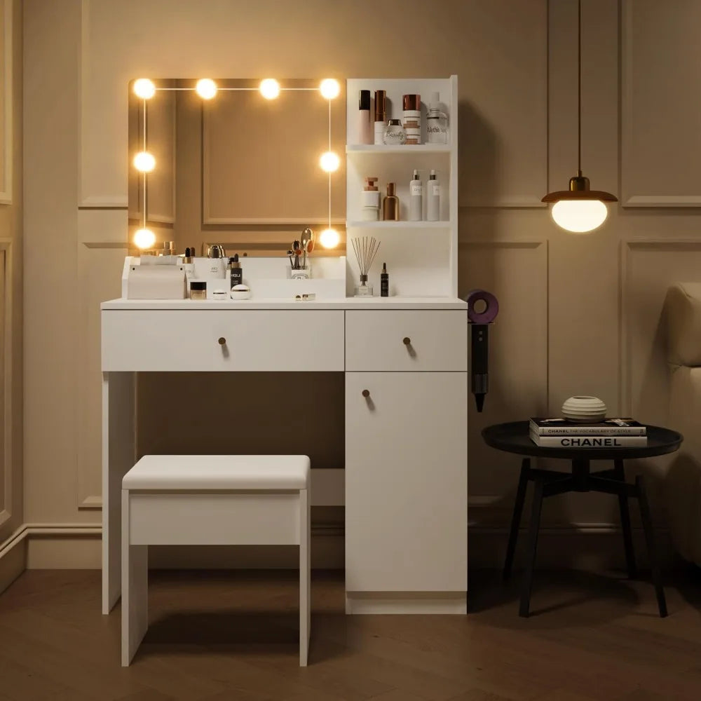 Vanity Desk with LED Mirror and Lights Makeup Table with Storage Cabinets