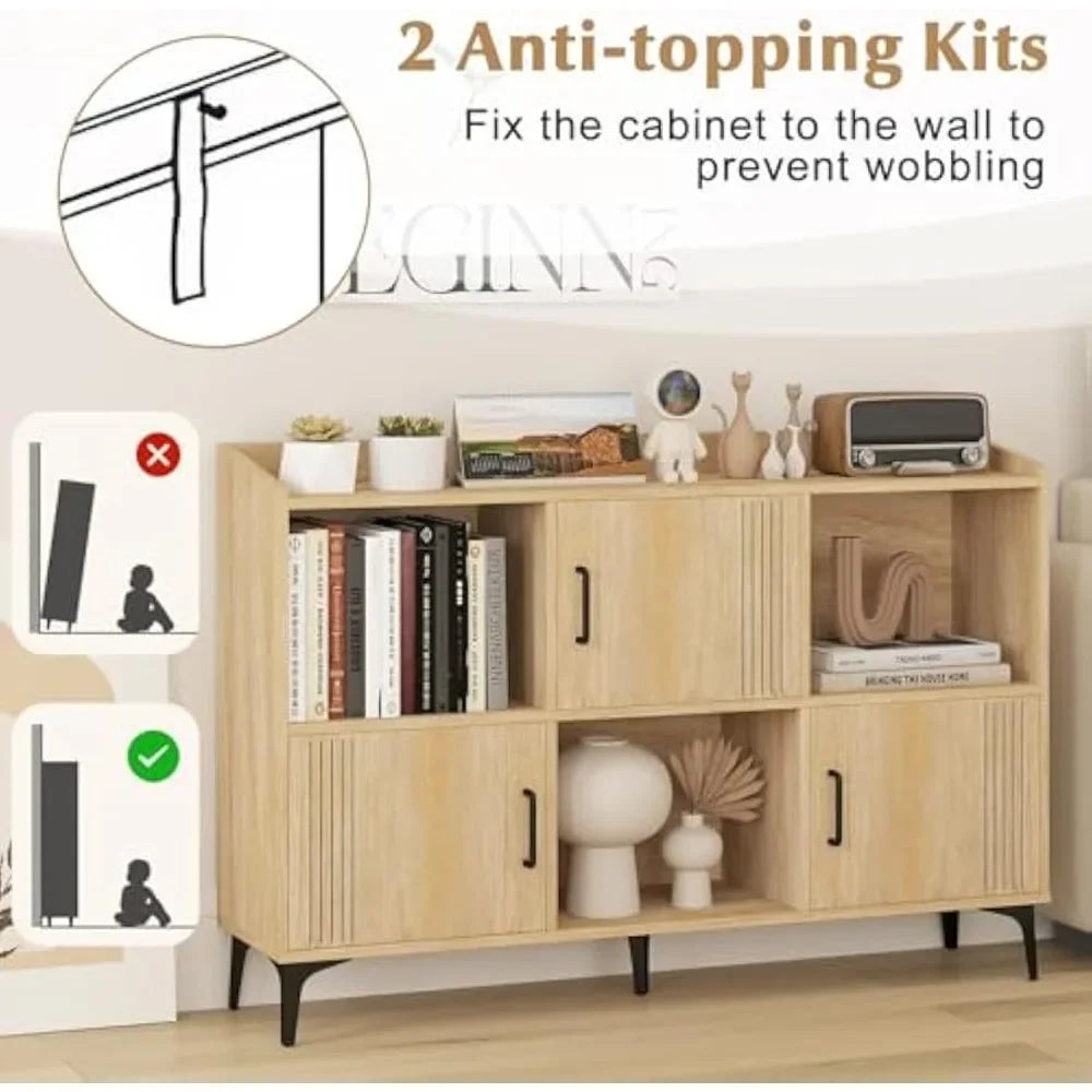 "Storage Cabinet, Sideboard with 3 Doors & 3 Open Compartments – Bookcase with 5 Metal Legs, Multi-Functional Buffet Table Desi