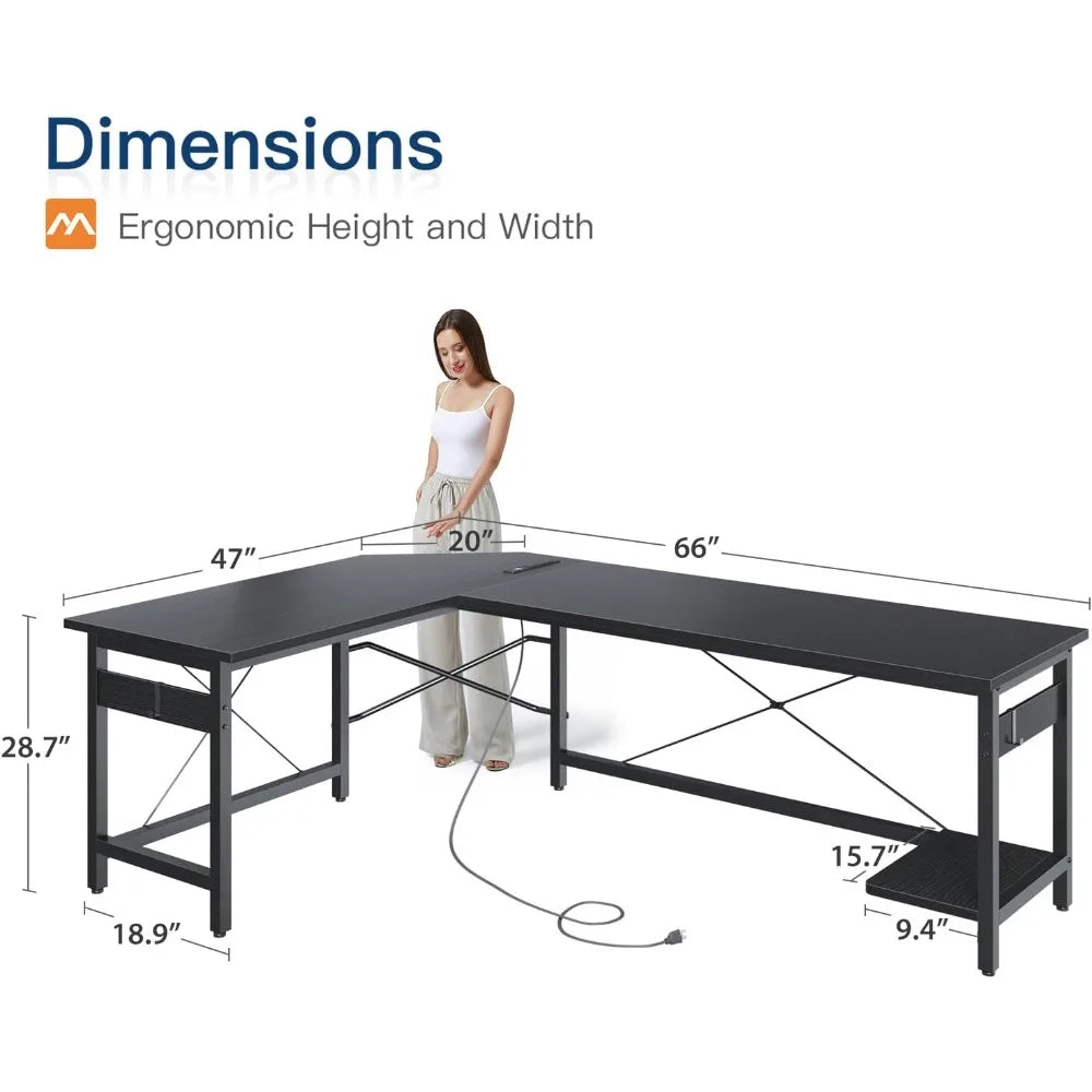 L Shaped Gaming Desk with USB Outlets Corner Computer Desk Home Office