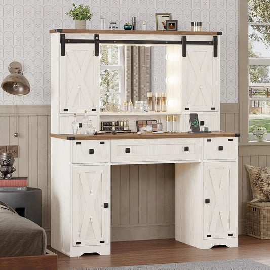 Farmhouse Makeup Vanity Desk with Lighted Mirror and Storage Drawers