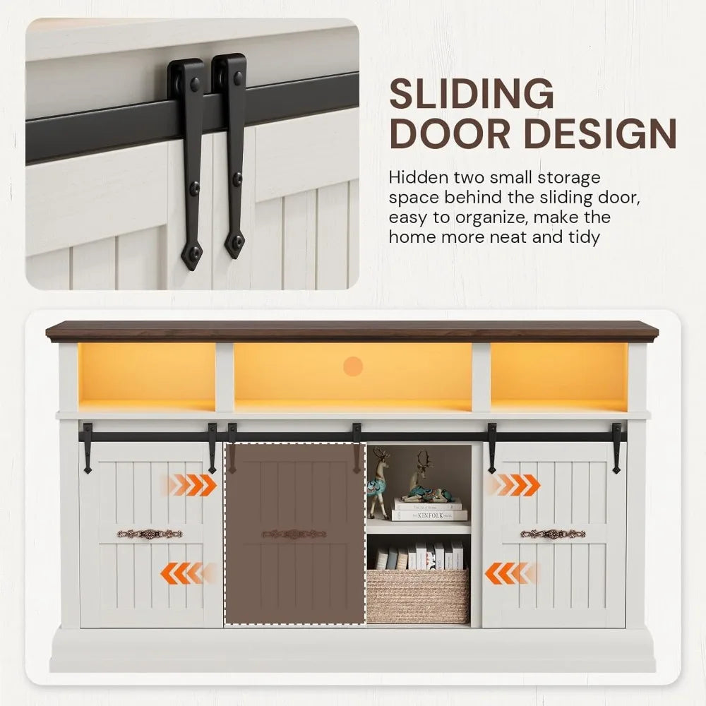 Sideboard Buffet Cabinet 58" Sliding Barn Doors LED Lights Farmhouse Decor