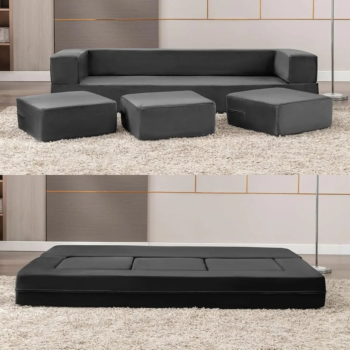 Ljustra Velvet Folding Sofa Bed 2-in-1 Convertible Couch with Ottomans