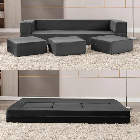 Ljustra Velvet Folding Sofa Bed 2-in-1 Convertible Couch with Ottomans