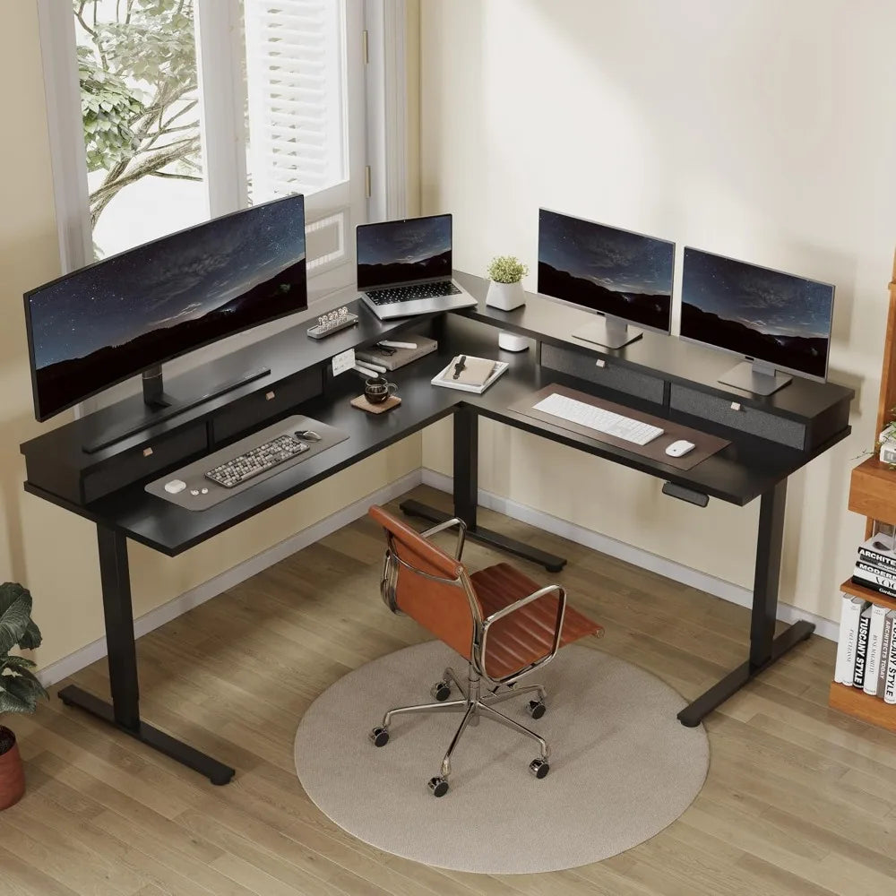 Large L Shaped Electric Standing Desk with Storage Drawers and Shelf