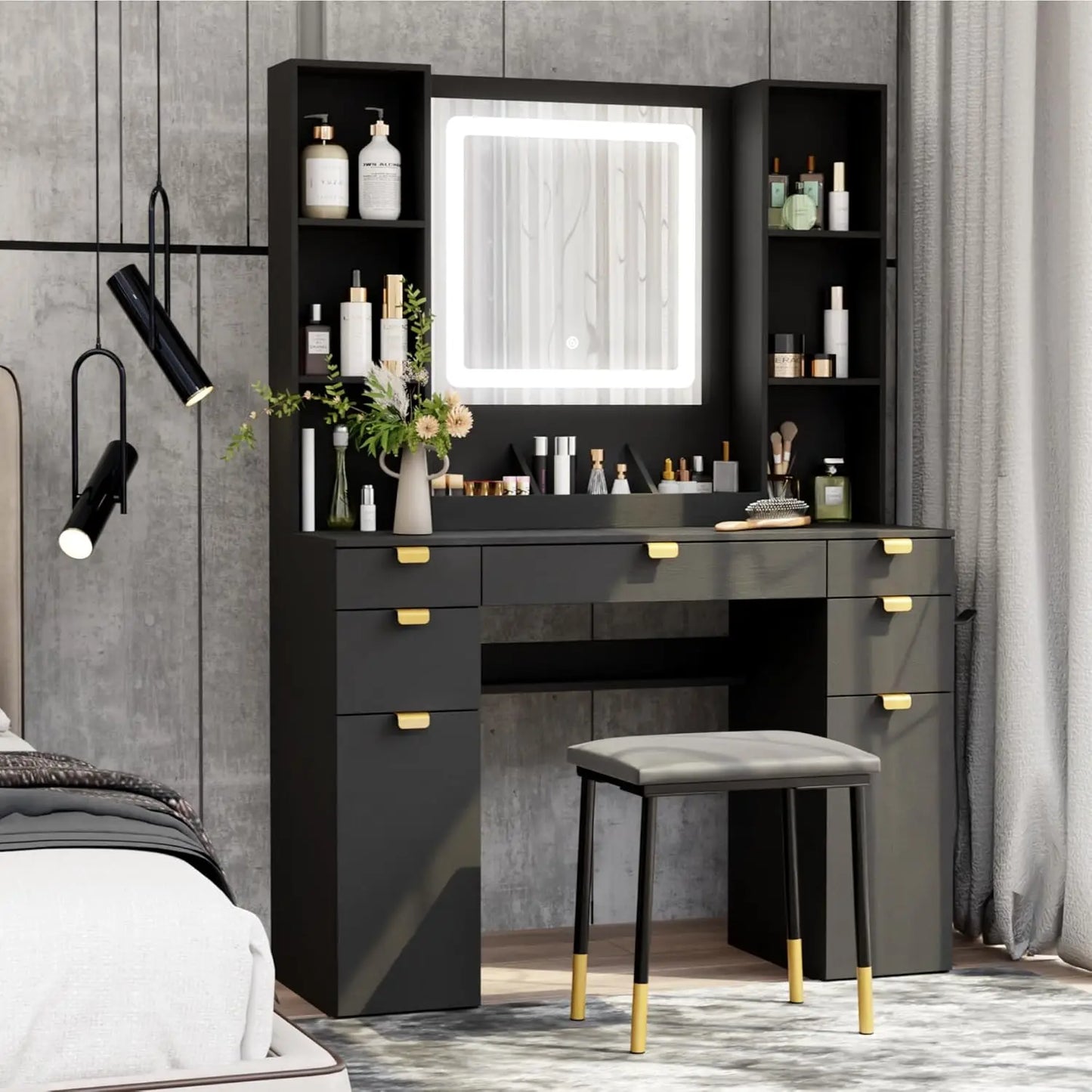 Makeup Vanity Table Set with Mirror Lights and Chair Touch-Sensitive