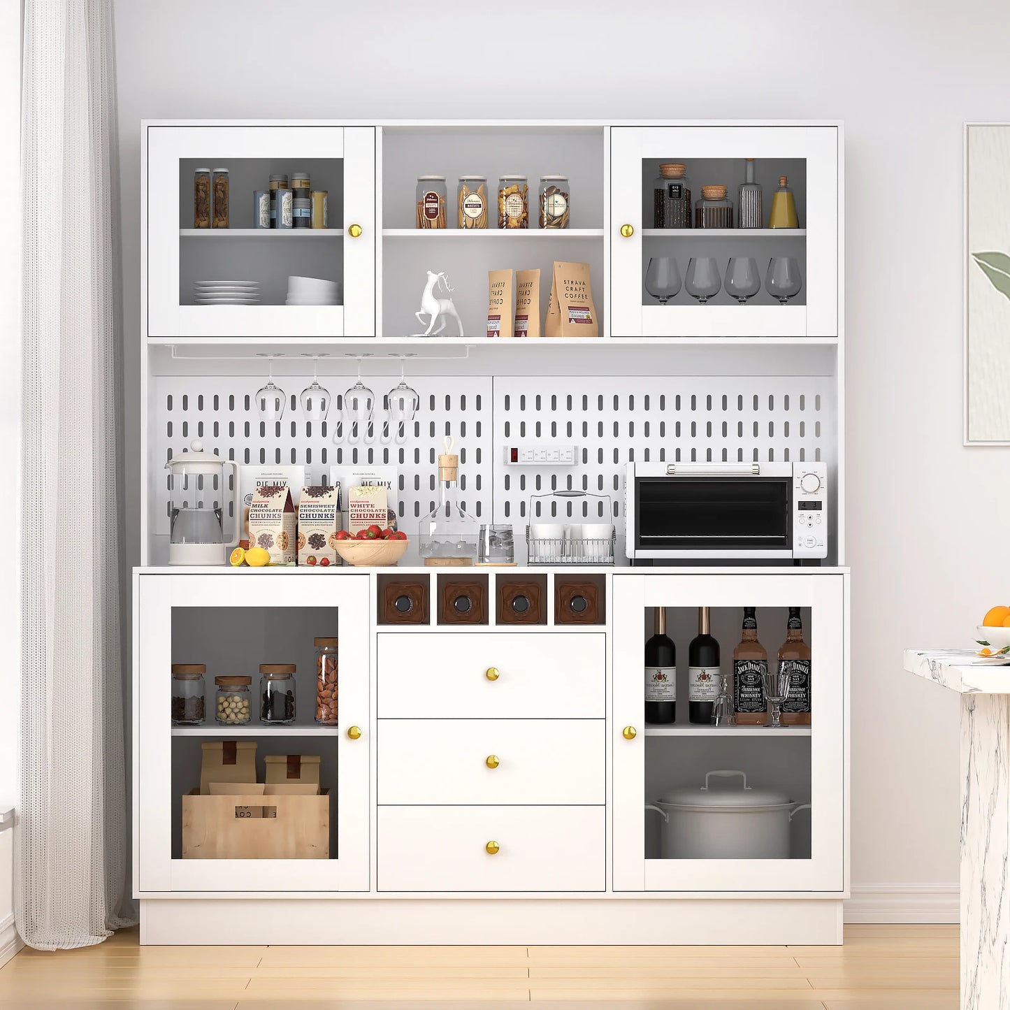 Pantry Cabinet Kitchen Storage Buffet Hutch with Pegboard Cup Holder