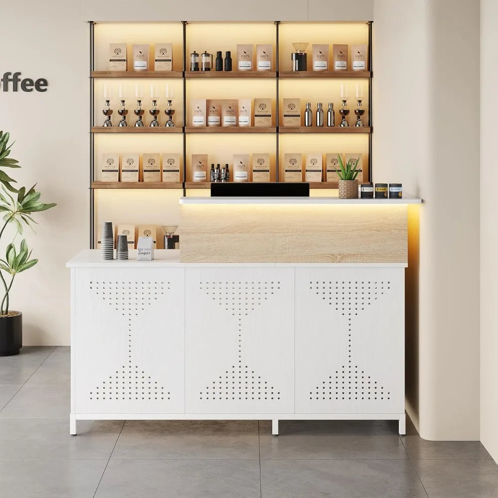 L-Shaped Reception Desk with LED Lights Modern Checkout Counter Table