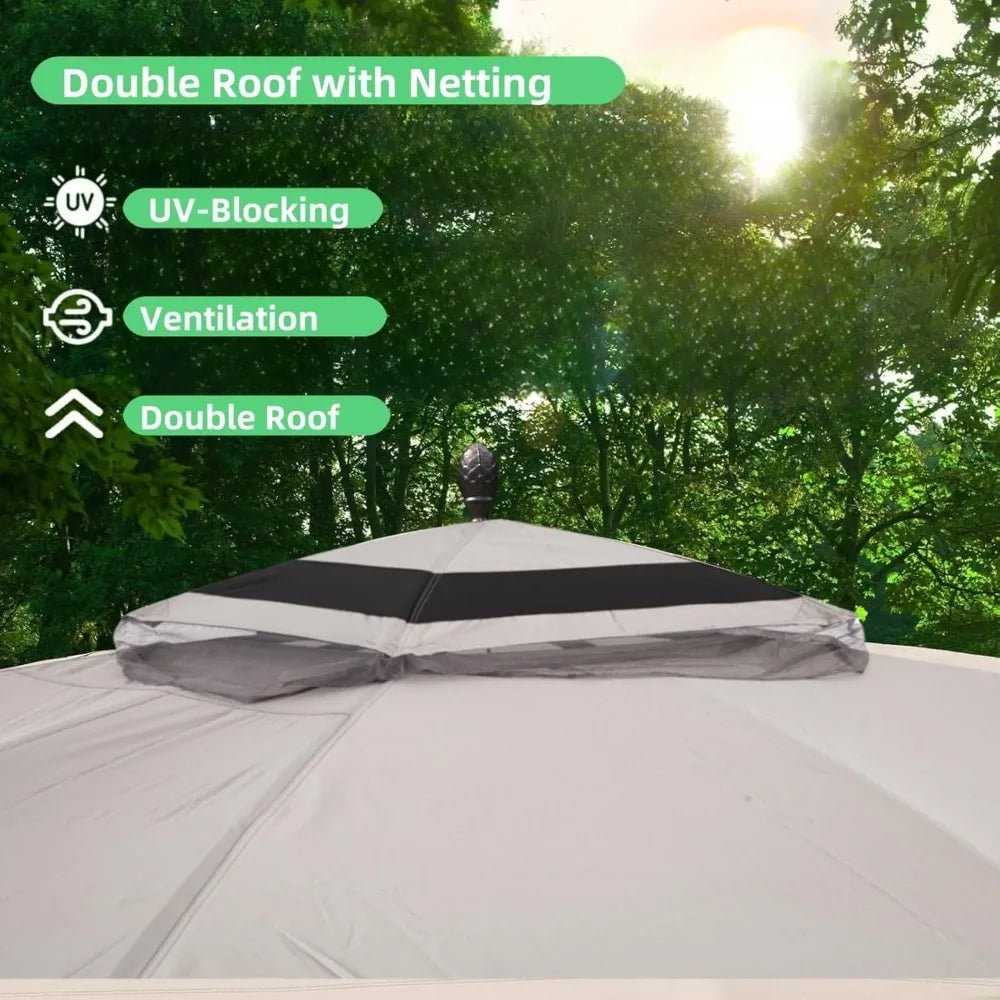 11x13ft Patio Gazebo with Curtains Sandbags Double Tier Roof Canopy