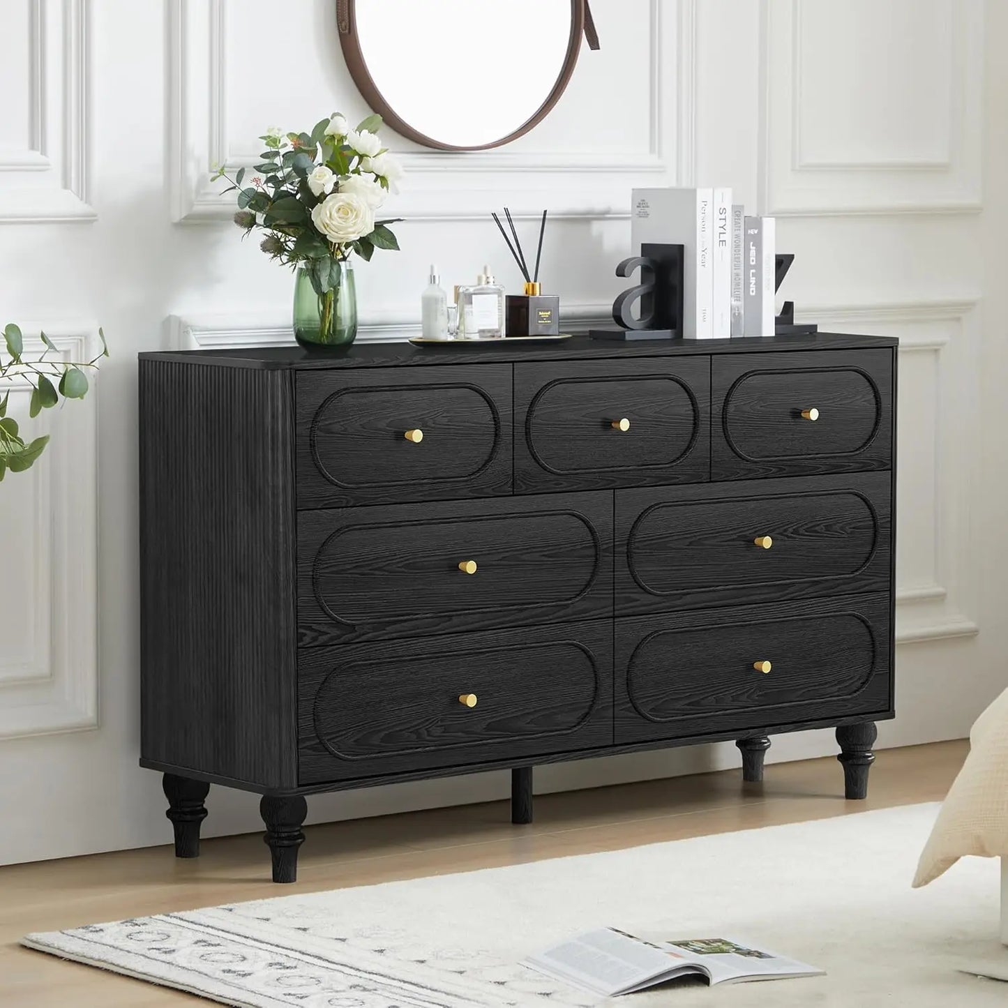 7 Drawer Fluted Dresser Mid Century Modern Chest of Drawers Organizer