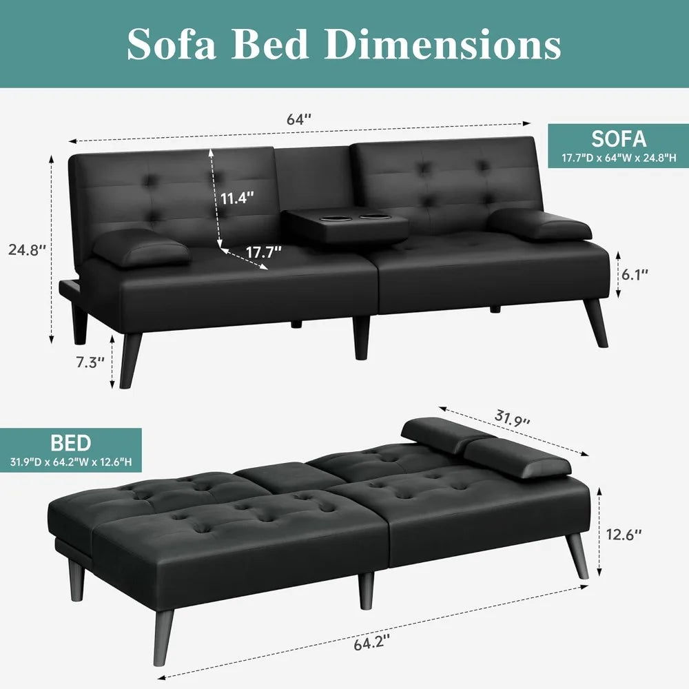 Ljustra Folding Futon Sofa Bed Adjustable Lounge Chair 3 Angles 2 Cup Holders