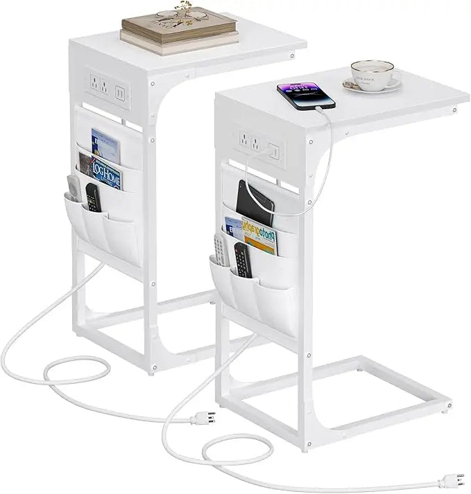 Shaped End Table Set of 2 with Charging Station USB Ports Storage Bag