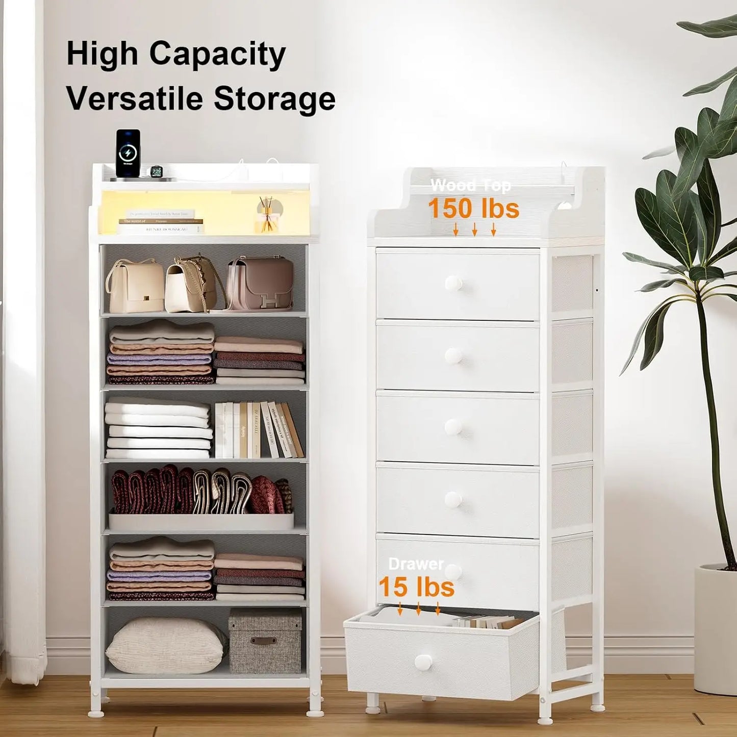 Dresser Bedroom Charging Station LED Lights 6 Drawers Tall Night Stand