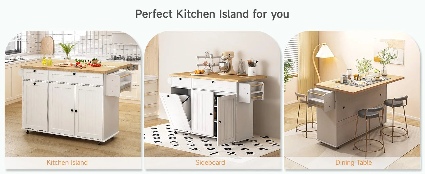 60" Mobile Kitchen Island Rolling Trolley with Power Outlet and Spice Rack