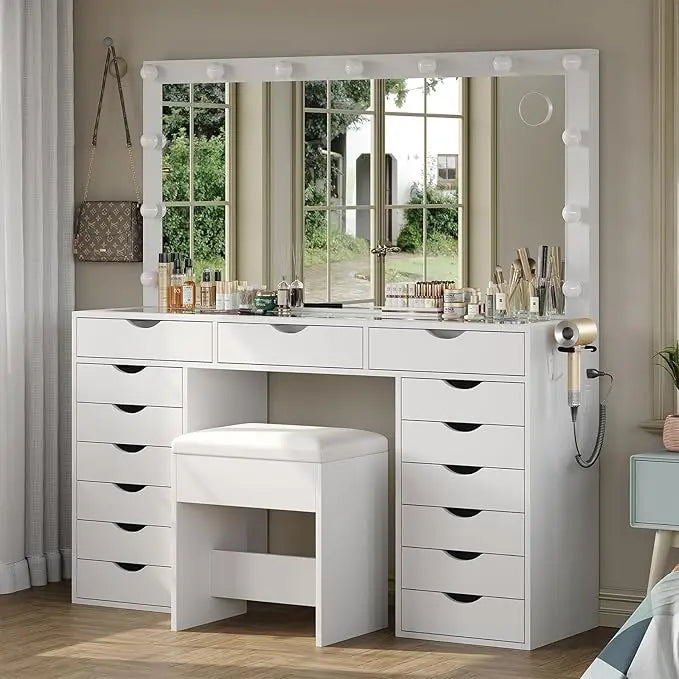 Vanity Desk with Mirror and Lights Makeup Table Charging Station 15 Drawers