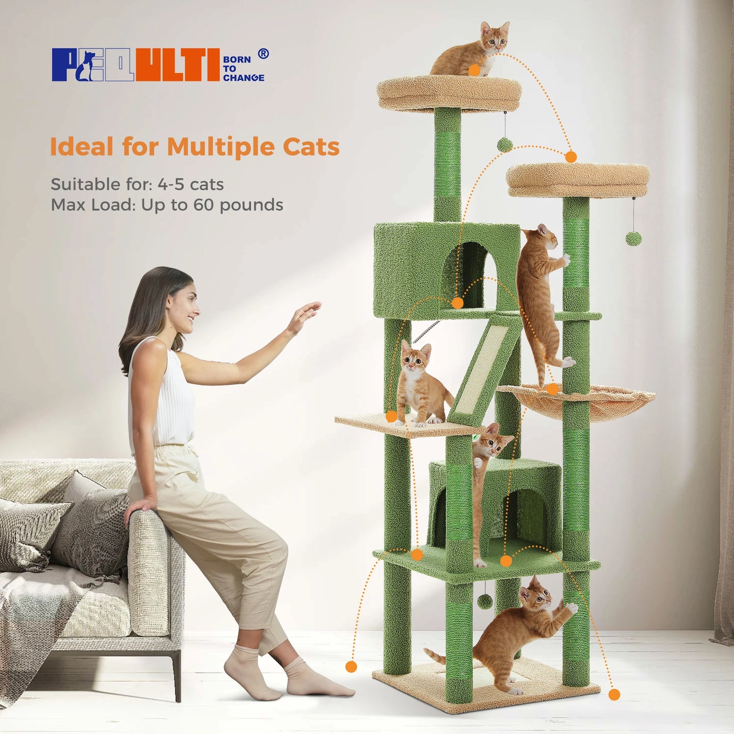 Multi-Level Cat Tree Indoor Tower with Scratching Posts Hammock Condo