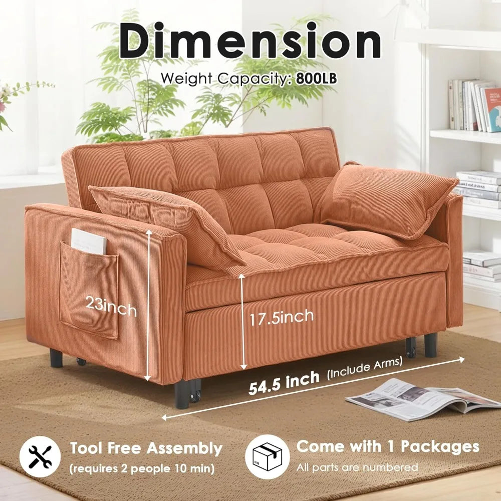 Sleeper Sofa Bed 55 Inch Convertible Loveseat Couch with Side Pockets