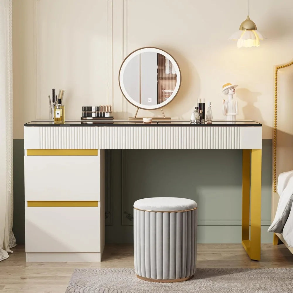 Modern Makeup Vanity Desk with Glass Top and 4 Storage Drawers