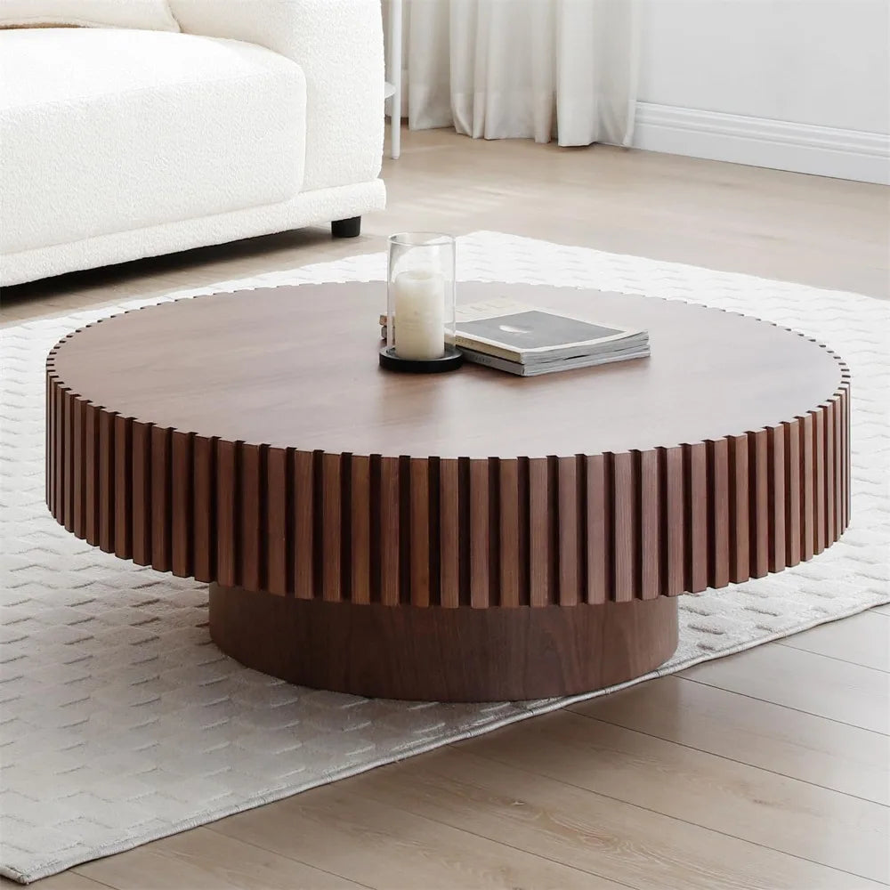 Modern Round Walnut Coffee Table Solid Wood Pedestal for Small Spaces