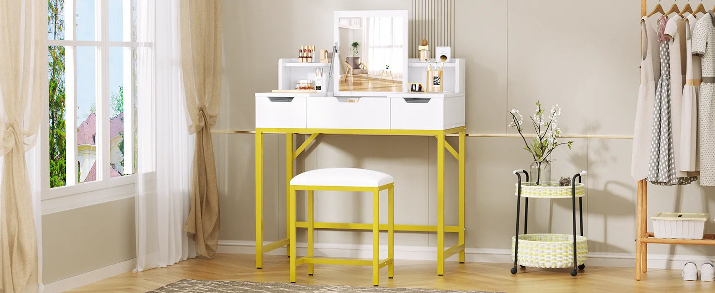 Satifur Vanity Desk with LED Mirror Power Outlets Makeup Stool Set